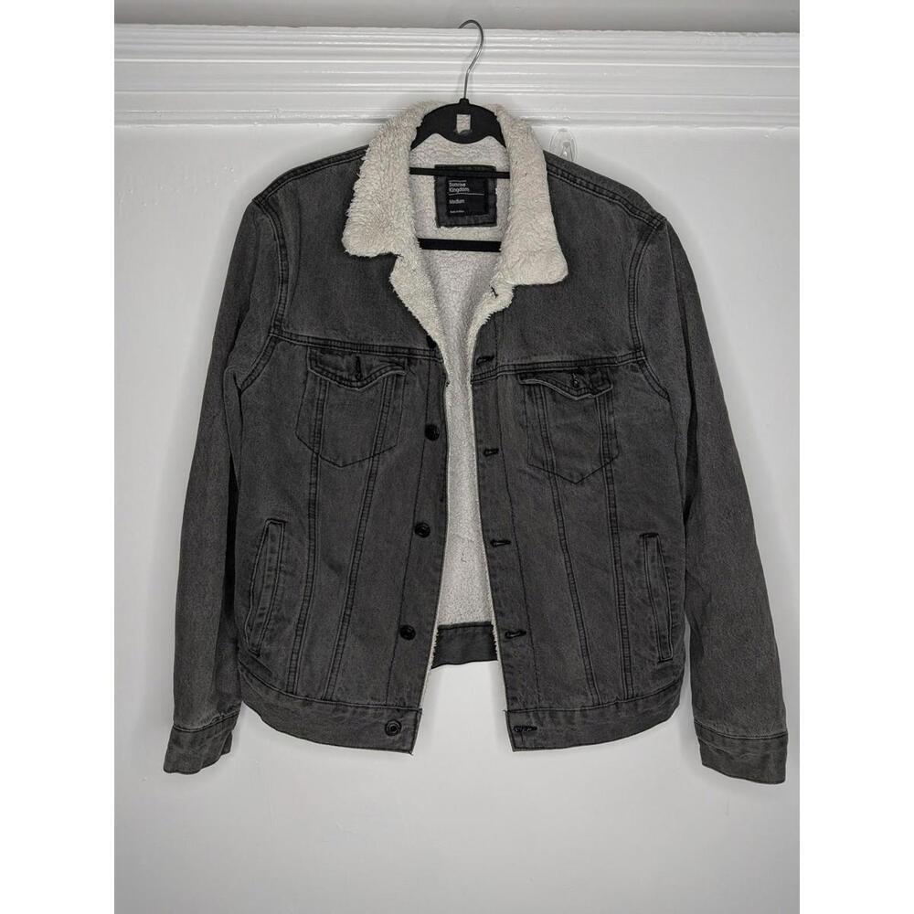 Sunrise Kingdom Jacket Mens Medium Gray Sherpa Lined Denim Button Pockets Winter